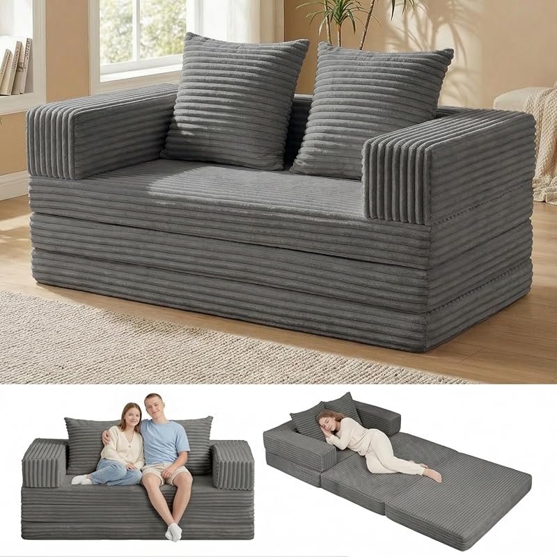Gray Corduroy Convertible Sofa Bed: Foldable Loveseat Sleeper with Rem