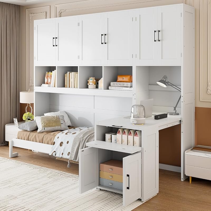 Twin Murphy Bed with Built-In Closet and Desk for Space-Saving Small Rooms